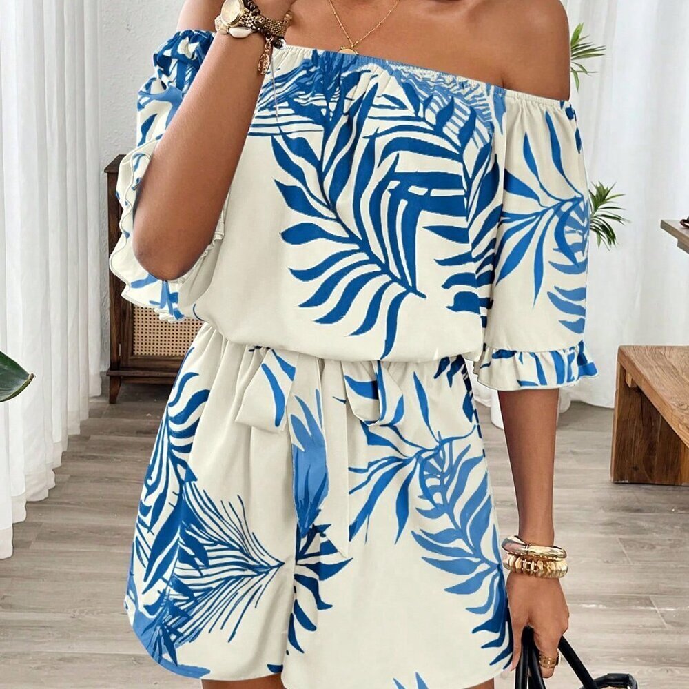 Boho Multicolor Women's Ruffle Sleeve Off Shoulder Romper